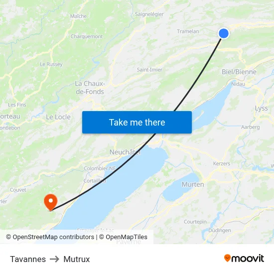 Tavannes to Mutrux map