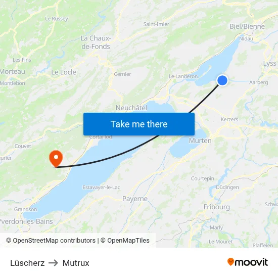 Lüscherz to Mutrux map