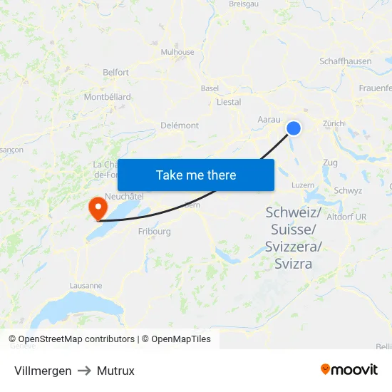 Villmergen to Mutrux map