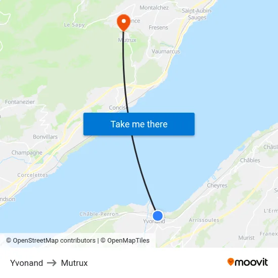 Yvonand to Mutrux map