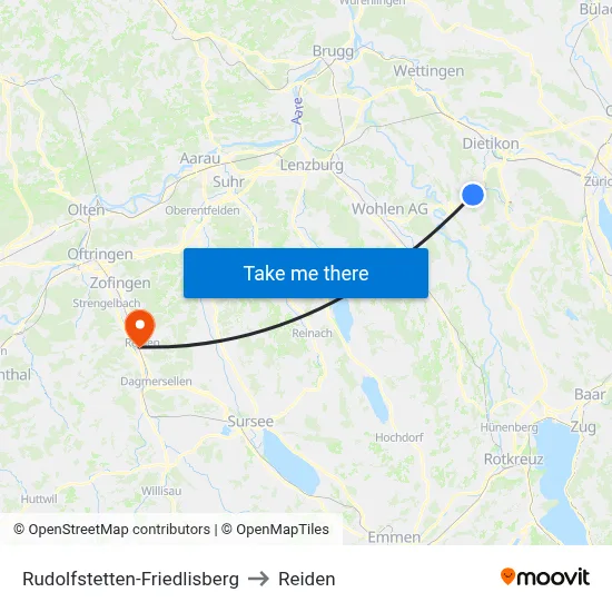 Rudolfstetten-Friedlisberg to Reiden map