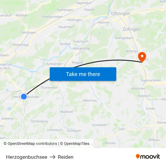 Herzogenbuchsee to Reiden map