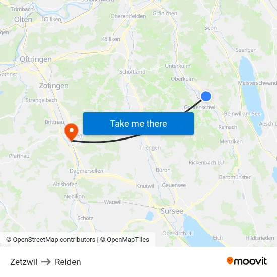 Zetzwil to Reiden map