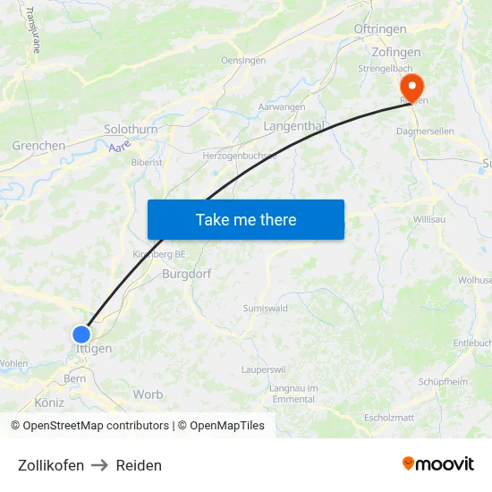 Zollikofen to Reiden map