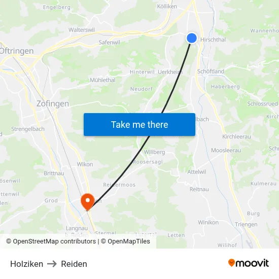 Holziken to Reiden map