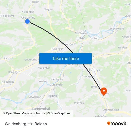 Waldenburg to Reiden map