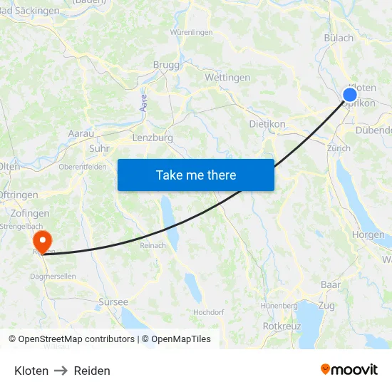 Kloten to Reiden map