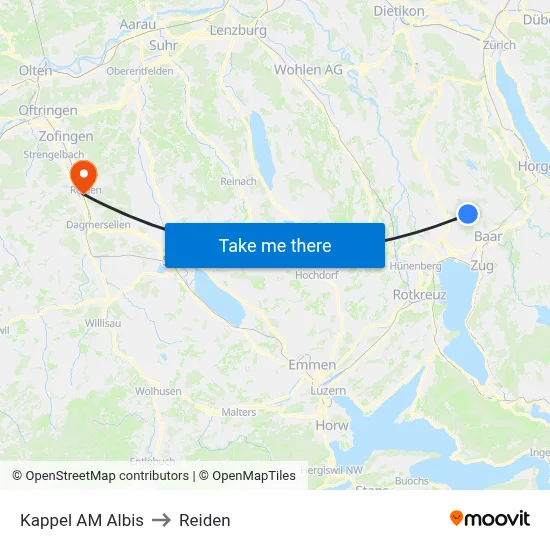 Kappel AM Albis to Reiden map