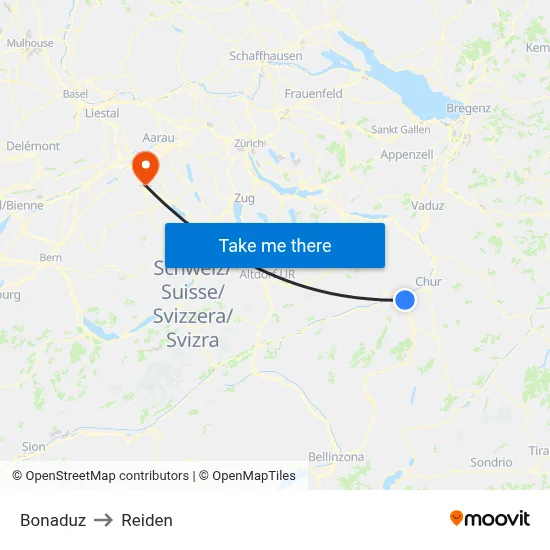 Bonaduz to Reiden map