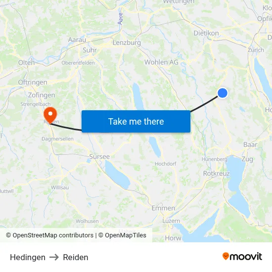 Hedingen to Reiden map