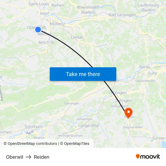 Oberwil to Reiden map