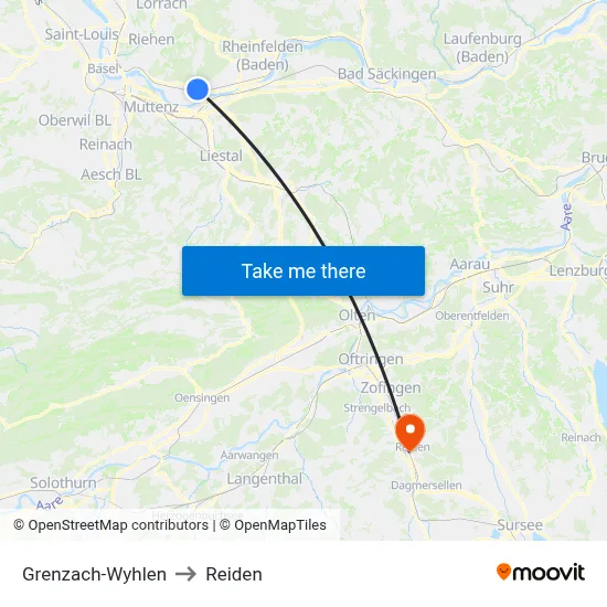 Grenzach-Wyhlen to Reiden map