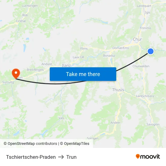 Tschiertschen-Praden to Trun map