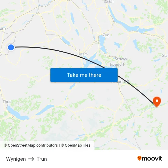 Wynigen to Trun map