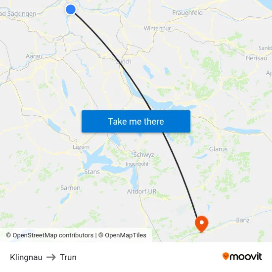 Klingnau to Trun map