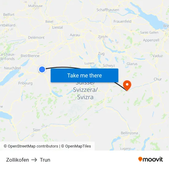 Zollikofen to Trun map