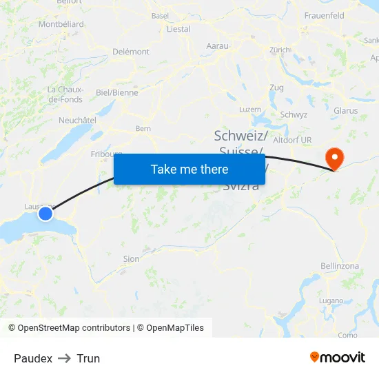 Paudex to Trun map