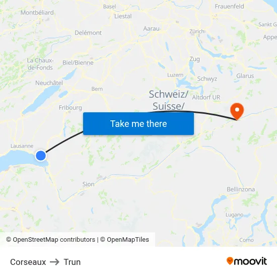 Corseaux to Trun map