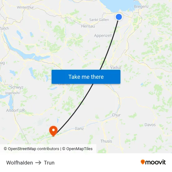 Wolfhalden to Trun map