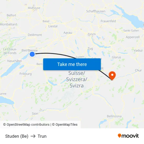 Studen (Be) to Trun map