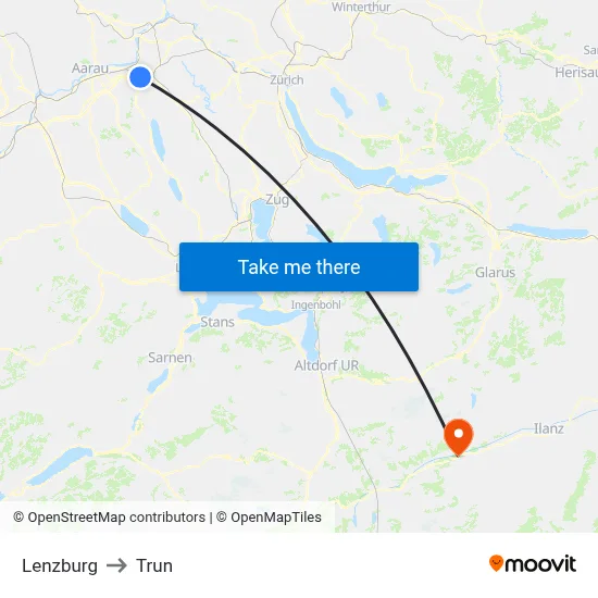 Lenzburg to Trun map