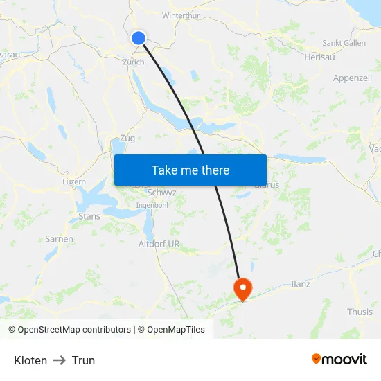 Kloten to Trun map