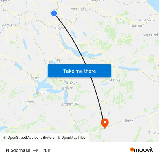 Niederhasli to Trun map