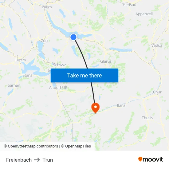 Freienbach to Trun map