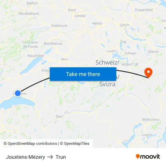 Jouxtens-Mézery to Trun map