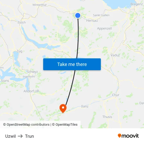 Uzwil to Trun map