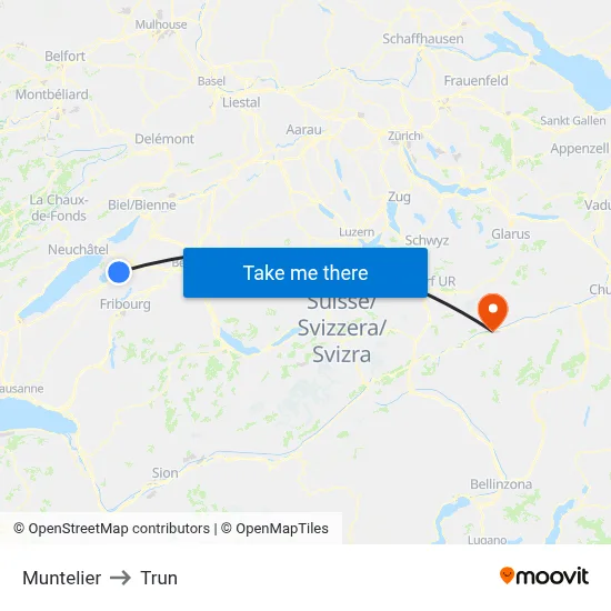 Muntelier to Trun map