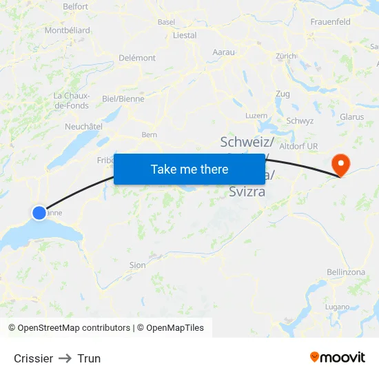 Crissier to Trun map