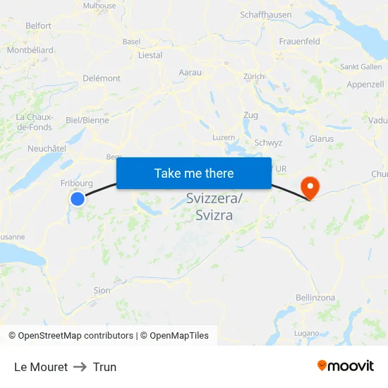 Le Mouret to Trun map