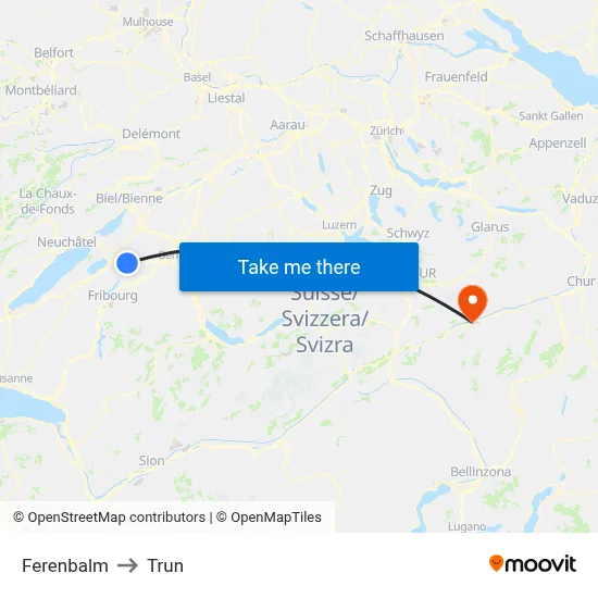 Ferenbalm to Trun map