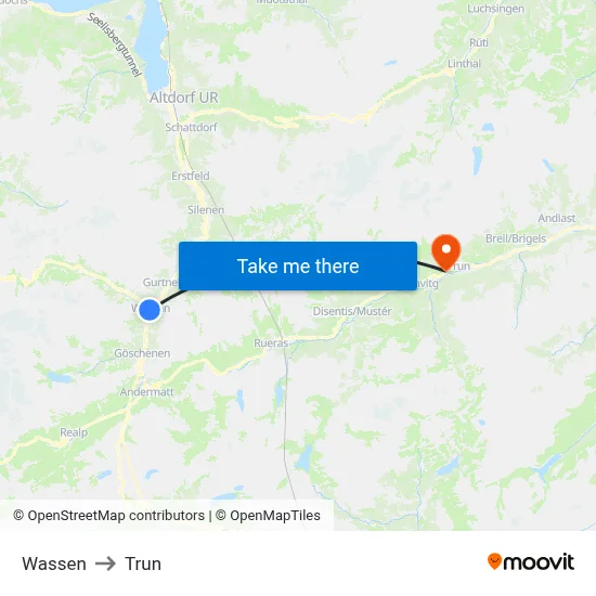 Wassen to Trun map