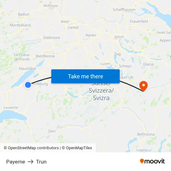 Payerne to Trun map