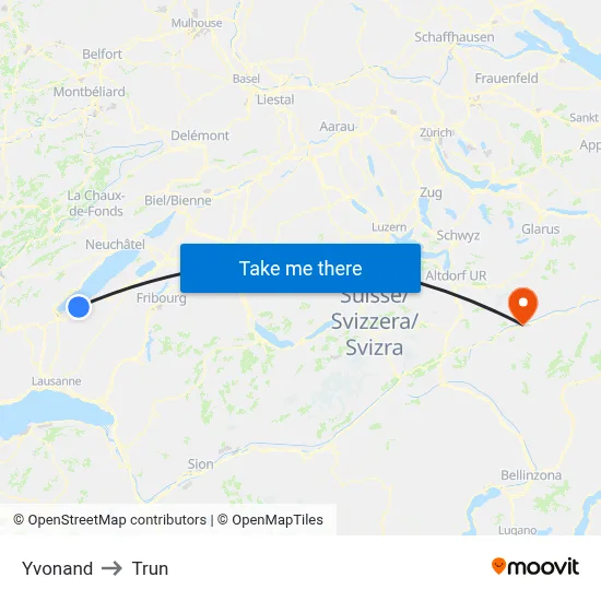 Yvonand to Trun map