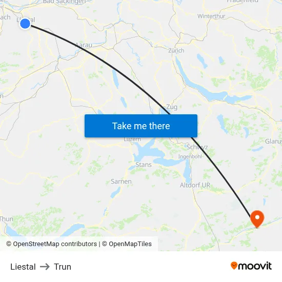 Liestal to Trun map