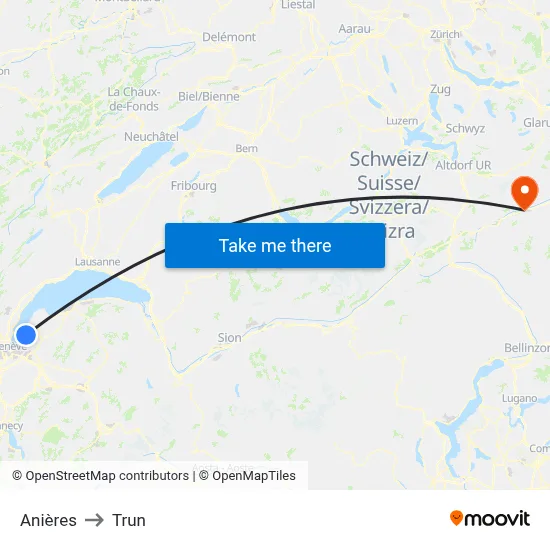 Anières to Trun map