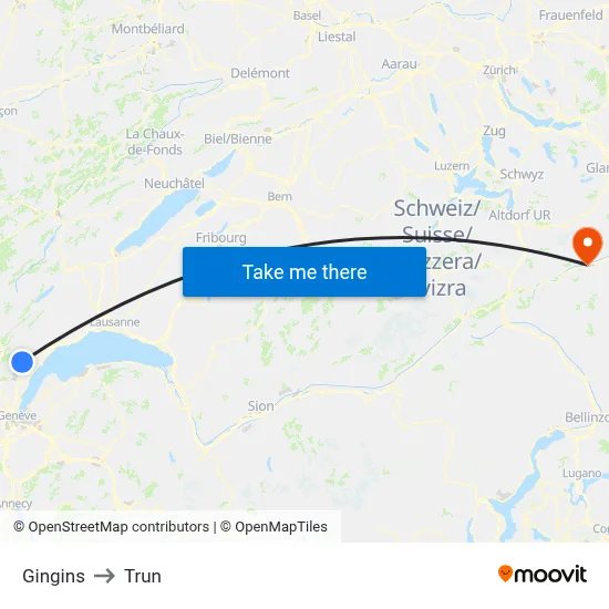 Gingins to Trun map