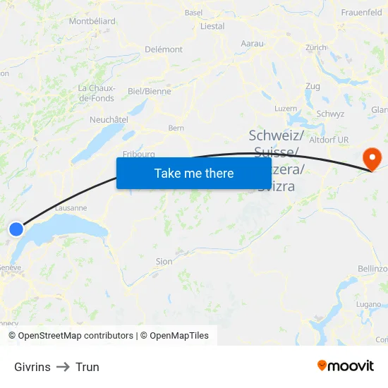 Givrins to Trun map