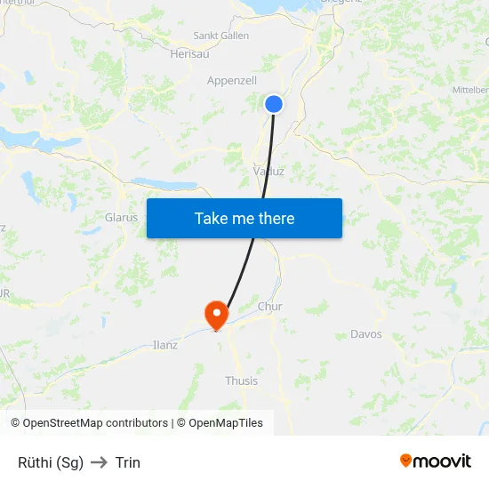 Rüthi (Sg) to Trin map