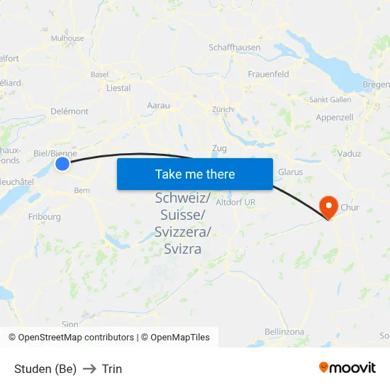 Studen (Be) to Trin map