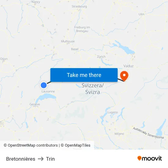 Bretonnières to Trin map