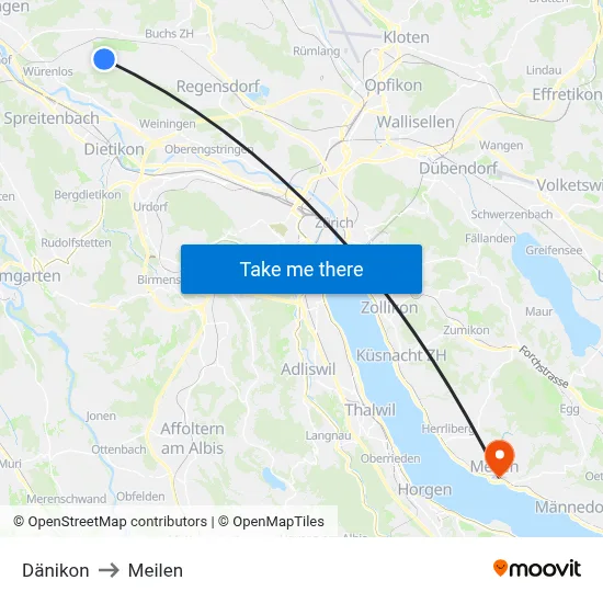 Dänikon to Meilen map
