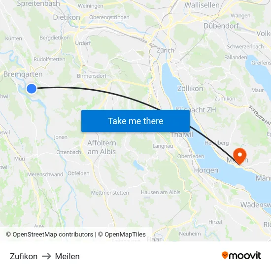 Zufikon to Meilen map