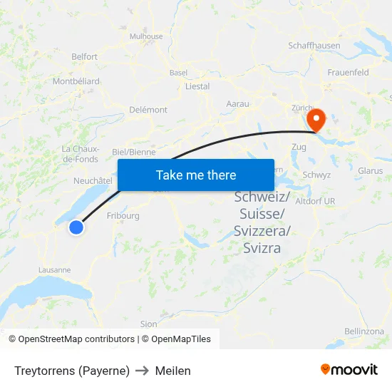 Treytorrens (Payerne) to Meilen map