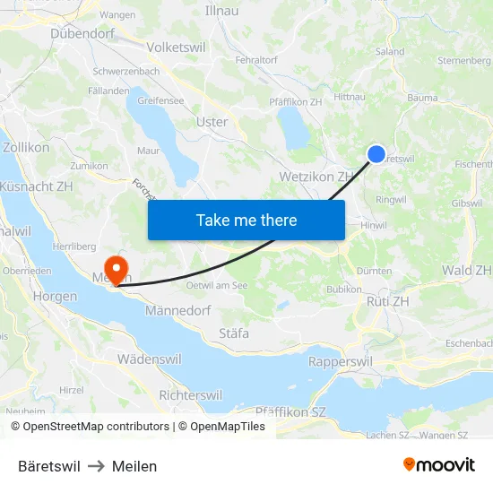 Bäretswil to Meilen map