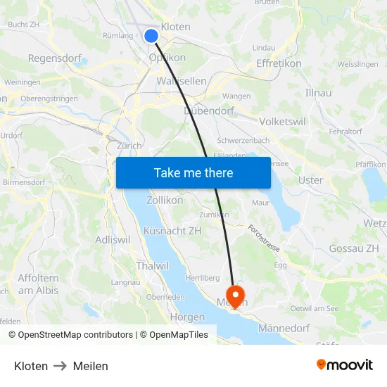 Kloten to Meilen map