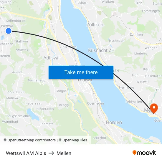 Wettswil AM Albis to Meilen map